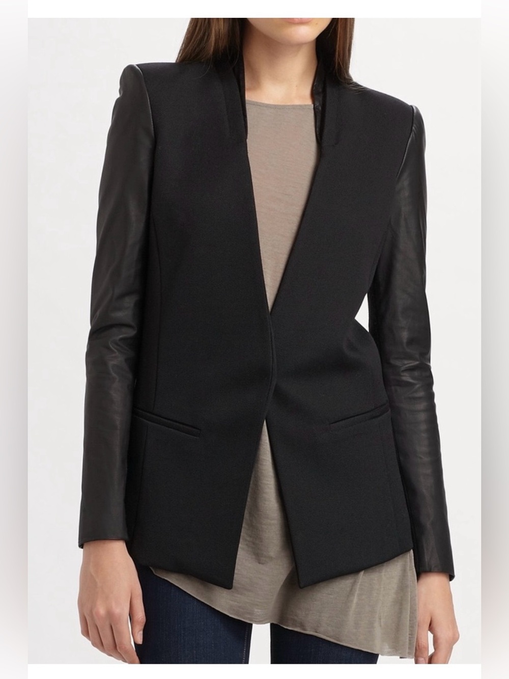 Helmut Lang Black Wool Blazer with Genuine Leather Collar and Sleeves